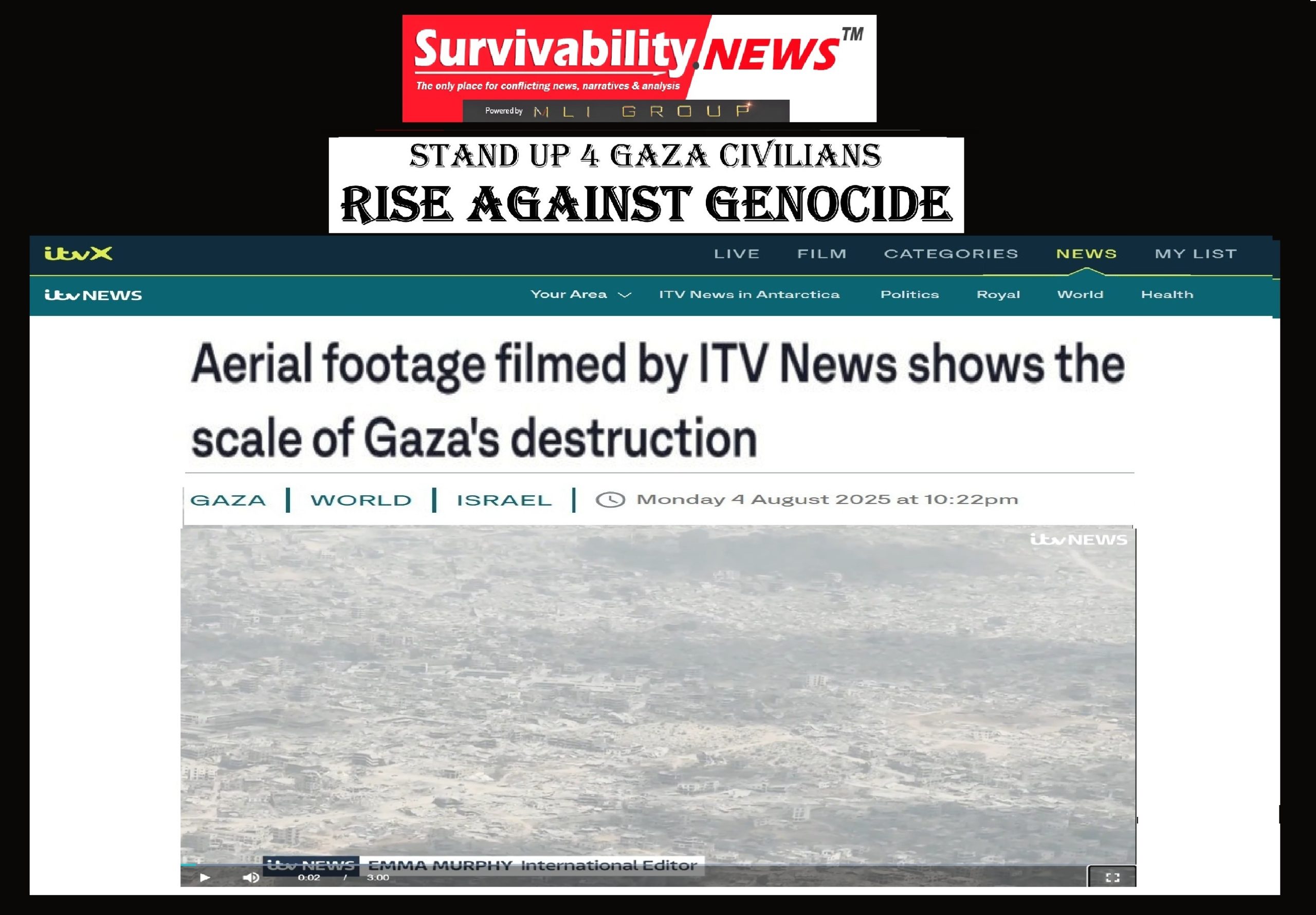 ‘Scale of Gaza’s Destruction Exposed by Aerial Footage Filmed by ITV News. | Video Report Unmasks Israel’s Ethnic Cleansing Intent of Palestinians & Making Gaza Uninhabitable for any Survivors of its Mass Starvation.